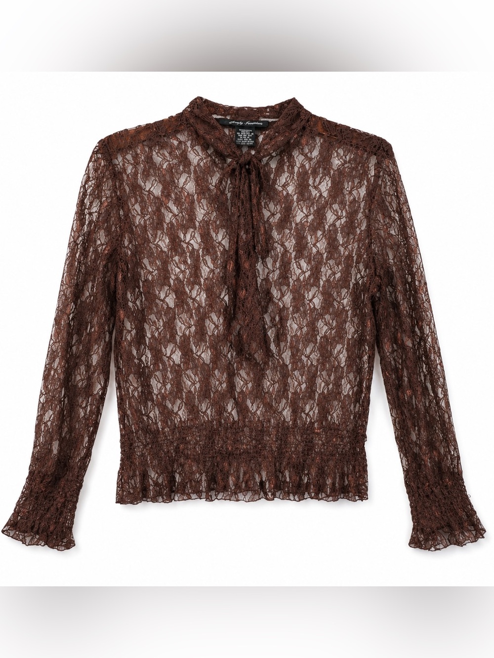 Chocolate Brown Romantic Lace Mesh Tie Neck Blouse M